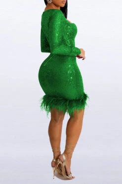 Sequined Luxe Feather Hem Mini Dress -Clothing Outlet Store H22092267 GR 2