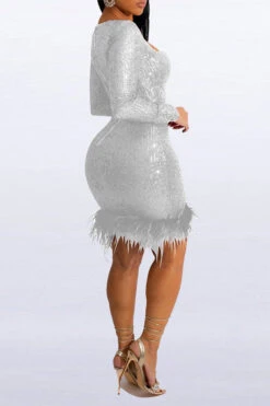 Sequined Luxe Feather Hem Mini Dress -Clothing Outlet Store H22092267 SI 2