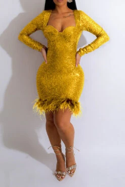 Sequined Luxe Feather Hem Mini Dress -Clothing Outlet Store H22092267 YE 1