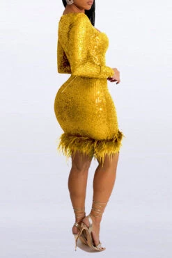 Sequined Luxe Feather Hem Mini Dress -Clothing Outlet Store H22092267 YE 2