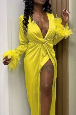 Feather Trim Simple Twisted Design High Split Maxi Dress -Clothing Outlet Store H22092905 YE 3