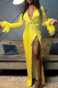 Feather Trim Simple Twisted Design High Split Maxi Dress -Clothing Outlet Store H22092905 YE 4