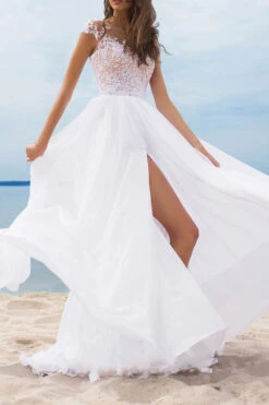 Lace Patchwork Girly High Split Maxi Dress -Clothing Outlet Store H22092909 WH 3