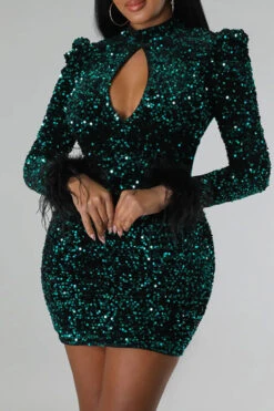 Sequined Sparkly Fuzzy Trim Backless Mini Dress -Clothing Outlet Store H22092946 GR 1