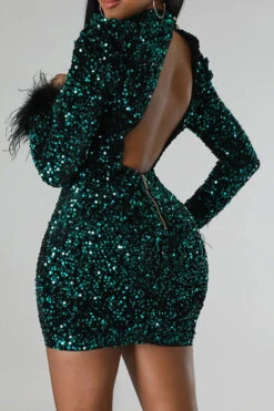 Sequined Sparkly Fuzzy Trim Backless Mini Dress -Clothing Outlet Store H22092946 GR 3