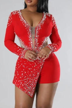 Beaded & Rhinestone Decor Luxe Irregular Romper -Clothing Outlet Store H22092996 RE 3