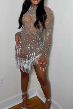 Beaded & Rhinestone Decor Punk High Split Tassel Hem Mini Dress 8 Beaded & Rhinestone Decor Punk High Split Tassel Hem Mini Dress -Clothing Outlet Store H22093064 BR 2