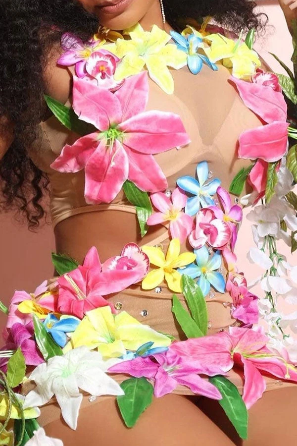 Colorful 3D Flower & Rhinestone Decor Pretty Cutout Waist Mini Dress 6 Colorful 3D Flower & Rhinestone Decor Pretty Cutout Waist Mini Dress - Image 6