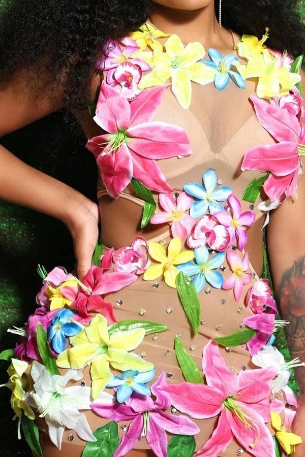 Colorful 3D Flower & Rhinestone Decor Pretty Cutout Waist Mini Dress 7 Colorful 3D Flower & Rhinestone Decor Pretty Cutout Waist Mini Dress - Image 7