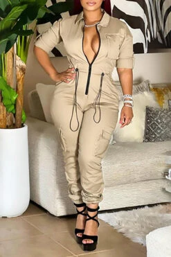 Solid Color Casual Pocket Drawstring Jumpsuit