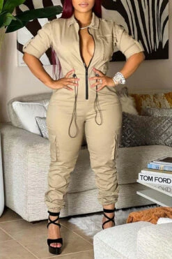 Solid Color Casual Pocket Drawstring Jumpsuit -Clothing Outlet Store H22093088 KH 3