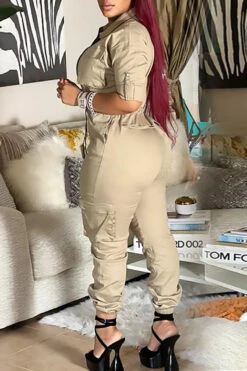 Solid Color Casual Pocket Drawstring Jumpsuit -Clothing Outlet Store H22093088 KH 4