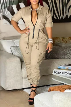 Solid Color Casual Pocket Drawstring Jumpsuit -Clothing Outlet Store H22093088 KH 5