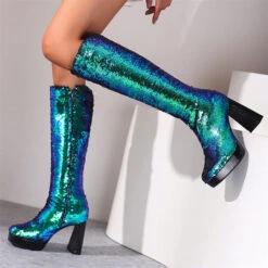 Sequined Glistening Platform Boots -Clothing Outlet Store H22100930 GR 3