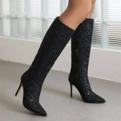 Sequined Glamorous Pointed Toe Boots -Clothing Outlet Store H22100935 BK 1