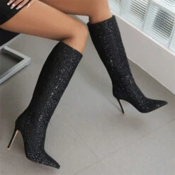 Sequined Glamorous Pointed Toe Boots -Clothing Outlet Store H22100935 BK 2