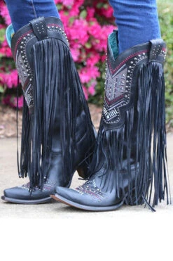 Rivet Design Embroidery Bohemia Tassel Boots -Clothing Outlet Store H22100963 BK 1