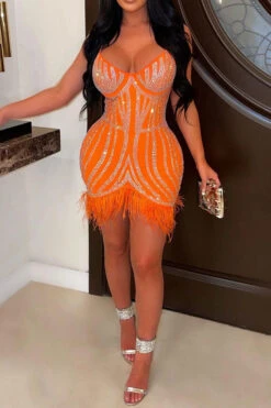 Rhinestone Shimmery Irregular Feather Hem Mini Dress 10 Rhinestone Shimmery Irregular Feather Hem Mini Dress -Clothing Outlet Store H22101827 OR 1