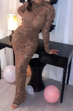 Rhinestone Trim Flower Print Funky See-Through Maxi Dress -Clothing Outlet Store H22101884 BR 6