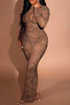 Rhinestone Trim Flower Print Funky See-Through Maxi Dress -Clothing Outlet Store H22101884 BR 8