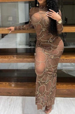 Rhinestone Trim Flower Print Funky See-Through Maxi Dress -Clothing Outlet Store H22101884 BR 9