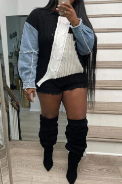 Denim Patchwork Unique Hit Color Sweater -Clothing Outlet Store H22101963 BK 1