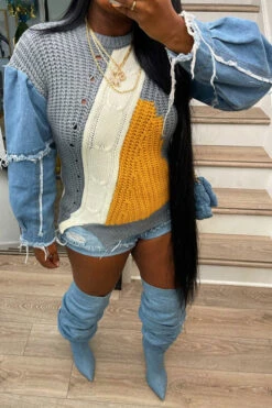 Denim Patchwork Unique Hit Color Sweater