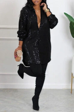 Sequined On-trend Single Breasted Mini Dress -Clothing Outlet Store H22110346 BK 1