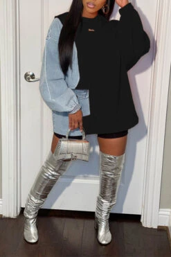 Denim Patchwork Undeniable Mini Dress -Clothing Outlet Store H22110347 BK 1