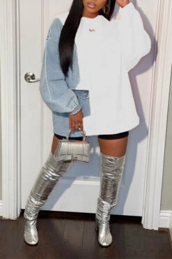 Denim Patchwork Undeniable Mini Dress -Clothing Outlet Store H22110347 WH 1