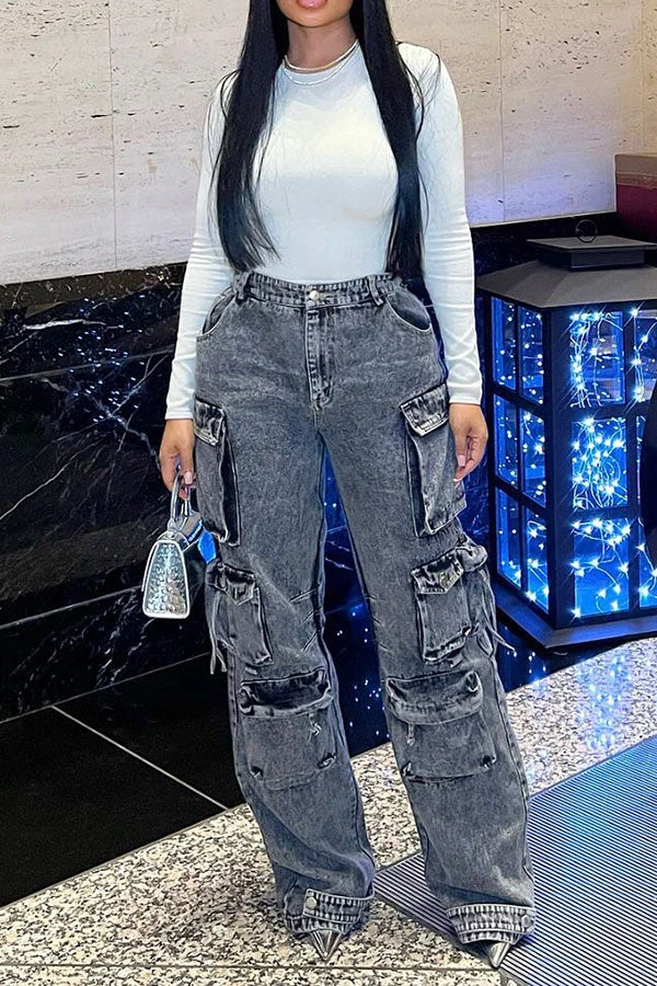 Solid Color Cool Multi Pocket Wide Leg Jeans 6 Solid Color Cool Multi Pocket Wide Leg Jeans - Image 6