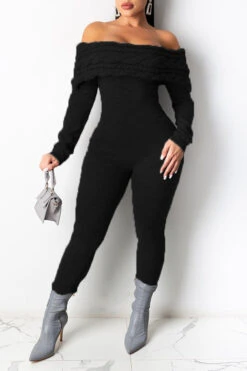 Twisted Stripe Feminine Bodycon Knitted Jumpsuit -Clothing Outlet Store H22112201 BK 1