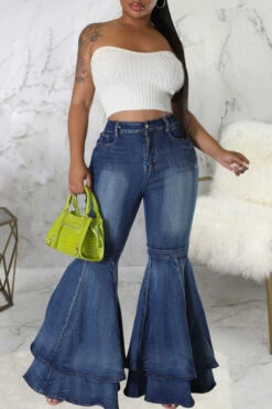 Solid Color Pretty Layered Bell Bottoms Jeans -Clothing Outlet Store H22120582 BL 3