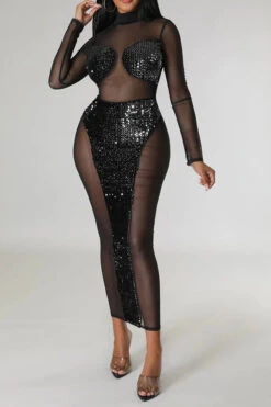 Sequined Patchwork Kitsch See-Through Midi Dress 13 Sequined Patchwork Kitsch See-Through Midi Dress -Clothing Outlet Store H22121454 BK 1