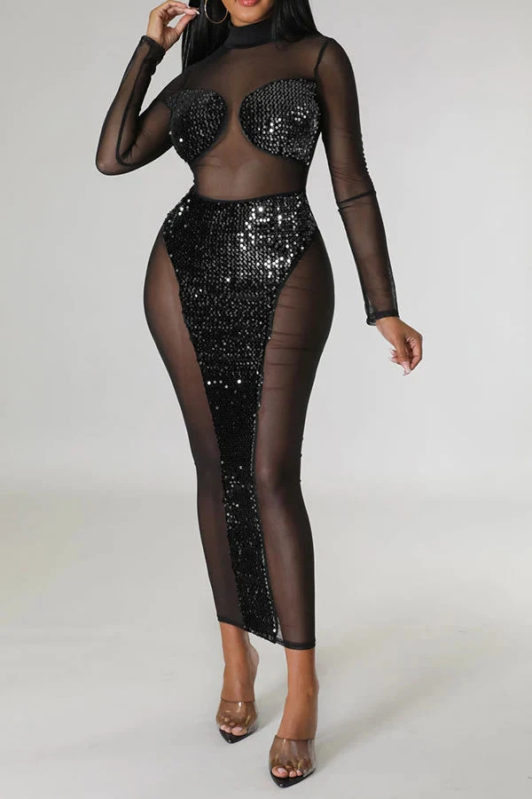 Sequined Patchwork Kitsch See-Through Midi Dress 6 Sequined Patchwork Kitsch See-Through Midi Dress - Image 6