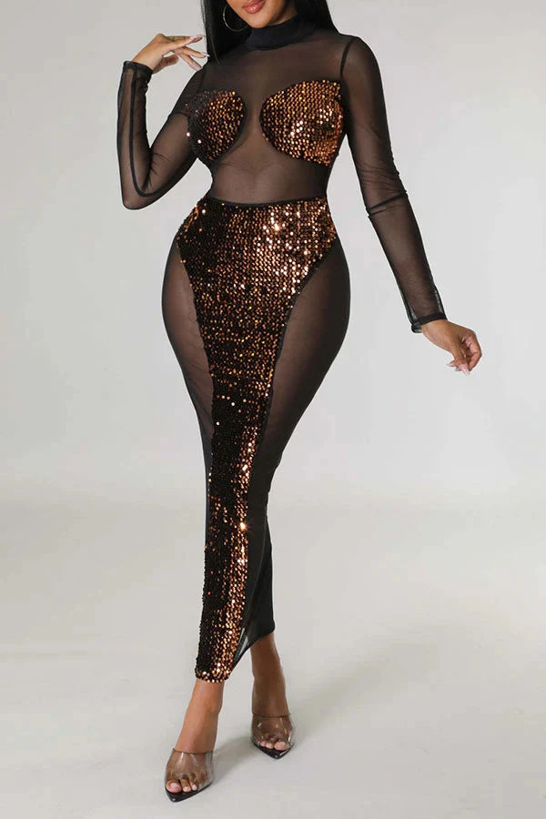 Sequined Patchwork Kitsch See-Through Midi Dress 4 Sequined Patchwork Kitsch See-Through Midi Dress - Image 4