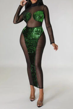 Sequined Patchwork Kitsch See-Through Midi Dress 14 Sequined Patchwork Kitsch See-Through Midi Dress -Clothing Outlet Store H22121454 GR 1