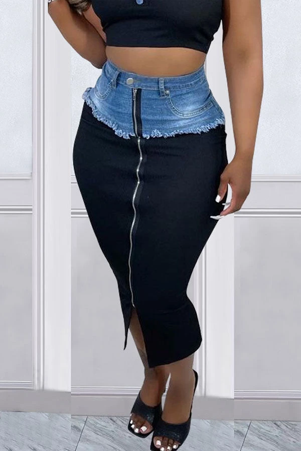 Denim Patchwork On-trend Zipped Design Skirt 1 Denim Patchwork On-trend Zipped Design Skirt