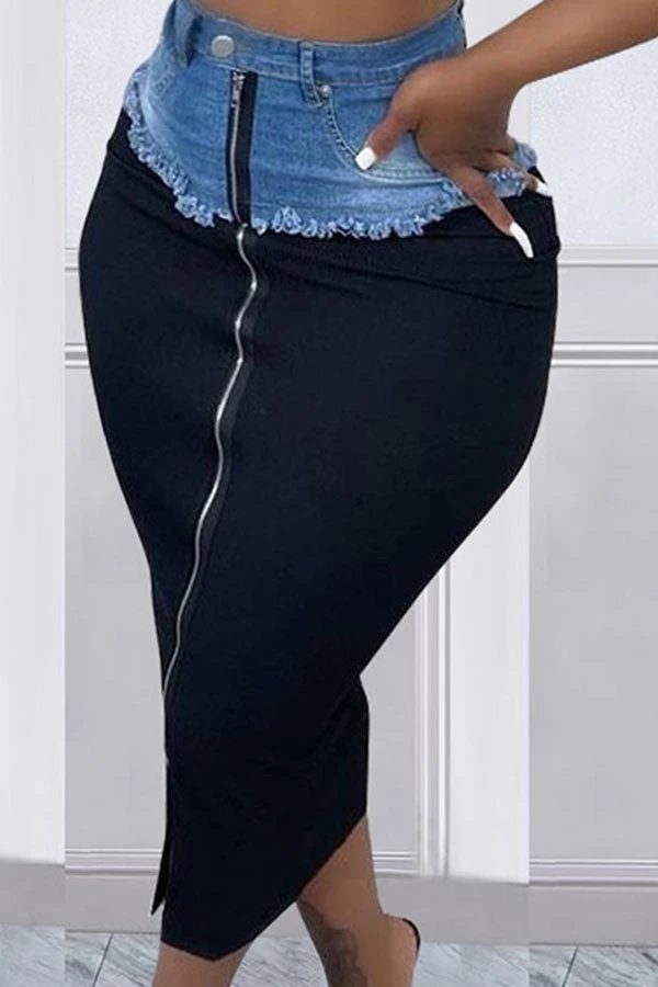 Denim Patchwork On-trend Zipped Design Skirt 3 Denim Patchwork On-trend Zipped Design Skirt - Image 3