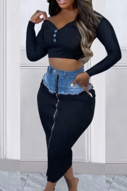 Denim Patchwork On-trend Zipped Design Skirt 9 Denim Patchwork On-trend Zipped Design Skirt -Clothing Outlet Store H22122707 BK 4