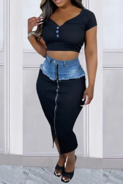 Denim Patchwork On-trend Zipped Design Skirt 11 Denim Patchwork On-trend Zipped Design Skirt -Clothing Outlet Store H22122707 BK 6