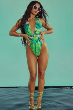 Leaf Print Beachy Strappy One Piece Swimwear 20 Leaf Print Beachy Strappy One Piece Swimwear -Clothing Outlet Store H23010525 GR 4