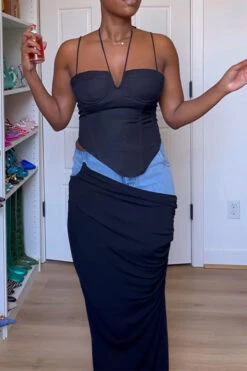 Denim Patchwork Chic Draped Skirt 10 Denim Patchwork Chic Draped Skirt -Clothing Outlet Store H23020239 BK 2 668346c8 8fc9 4377 ae63 04e2ae4c588d