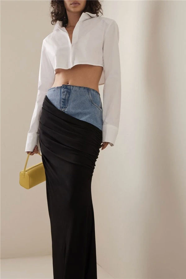 Denim Patchwork Chic Draped Skirt 5 Denim Patchwork Chic Draped Skirt - Image 5