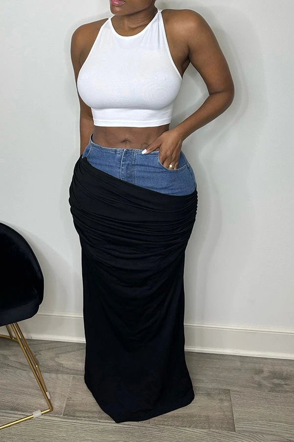 Denim Patchwork Chic Draped Skirt 1 Denim Patchwork Chic Draped Skirt