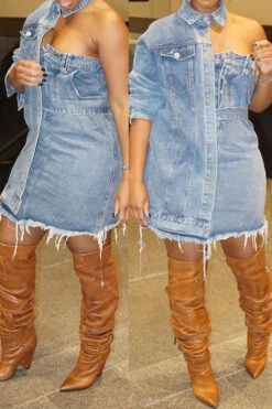 Solid Color Chic Asymmetric Lace-Up Denim Mini Dress