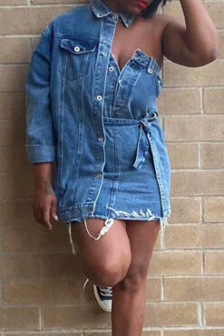 Solid Color Chic Asymmetric Lace-Up Denim Mini Dress -Clothing Outlet Store H23020256 BL 3