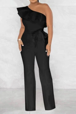 Solid Color Striking Ruffle Belted Jumpsuit -Clothing Outlet Store H23021026 BK 1