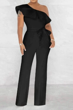 Solid Color Striking Ruffle Belted Jumpsuit -Clothing Outlet Store H23021026 BK 2