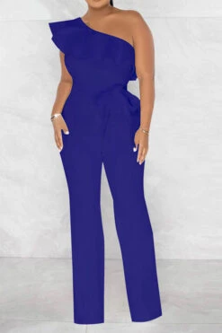 Solid Color Striking Ruffle Belted Jumpsuit -Clothing Outlet Store H23021026 BL 1